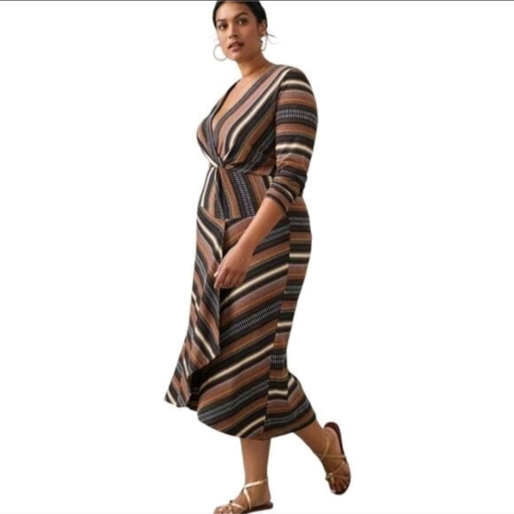 Maeve Striped Midi Dress in Brown, Black, Cream